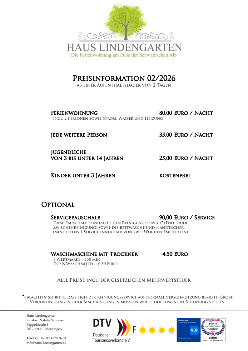 Preisinformationen Haus Lindengarten Preisinformationen Haus Lindengarten