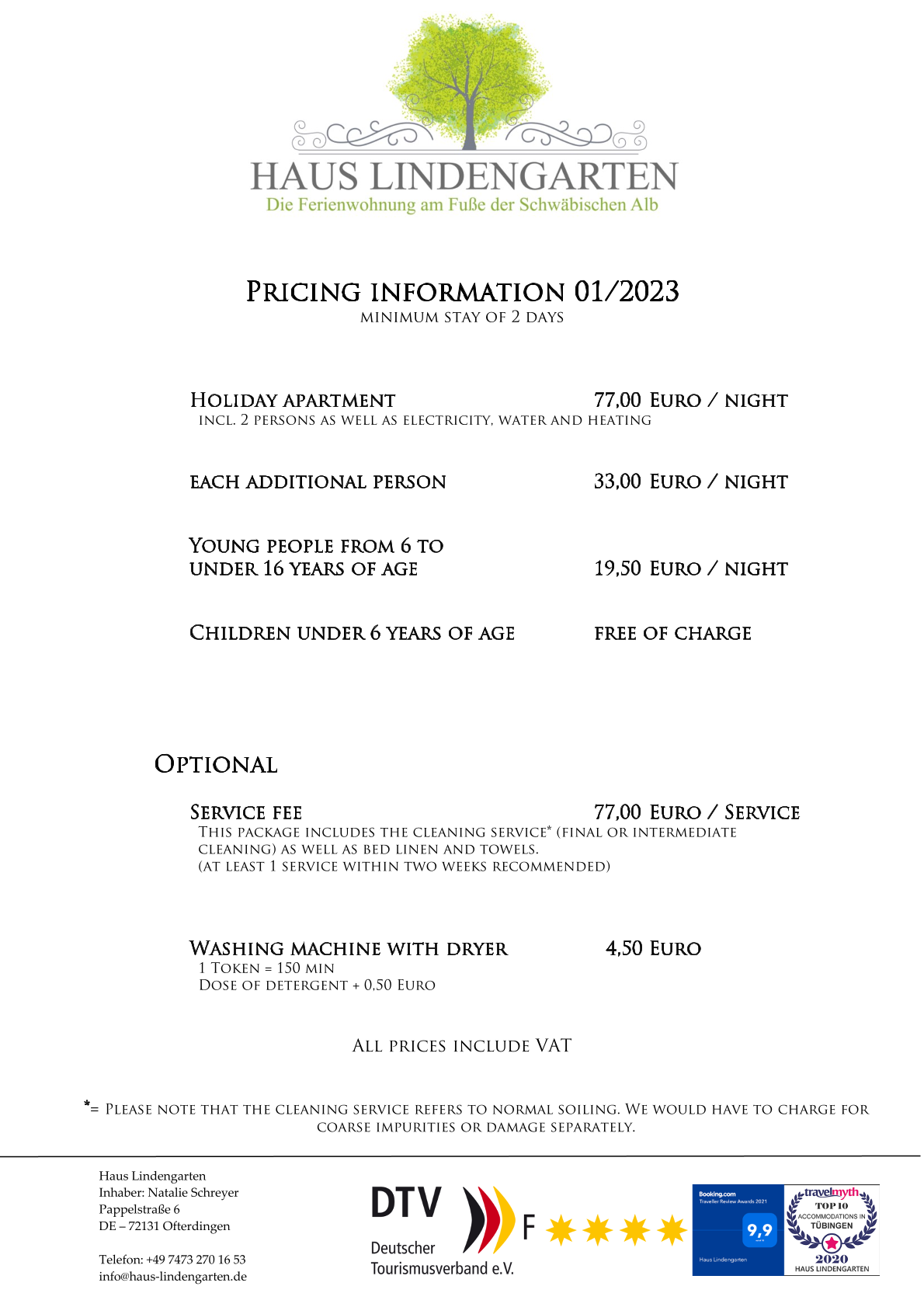 Pricing information Haus Lindengarten