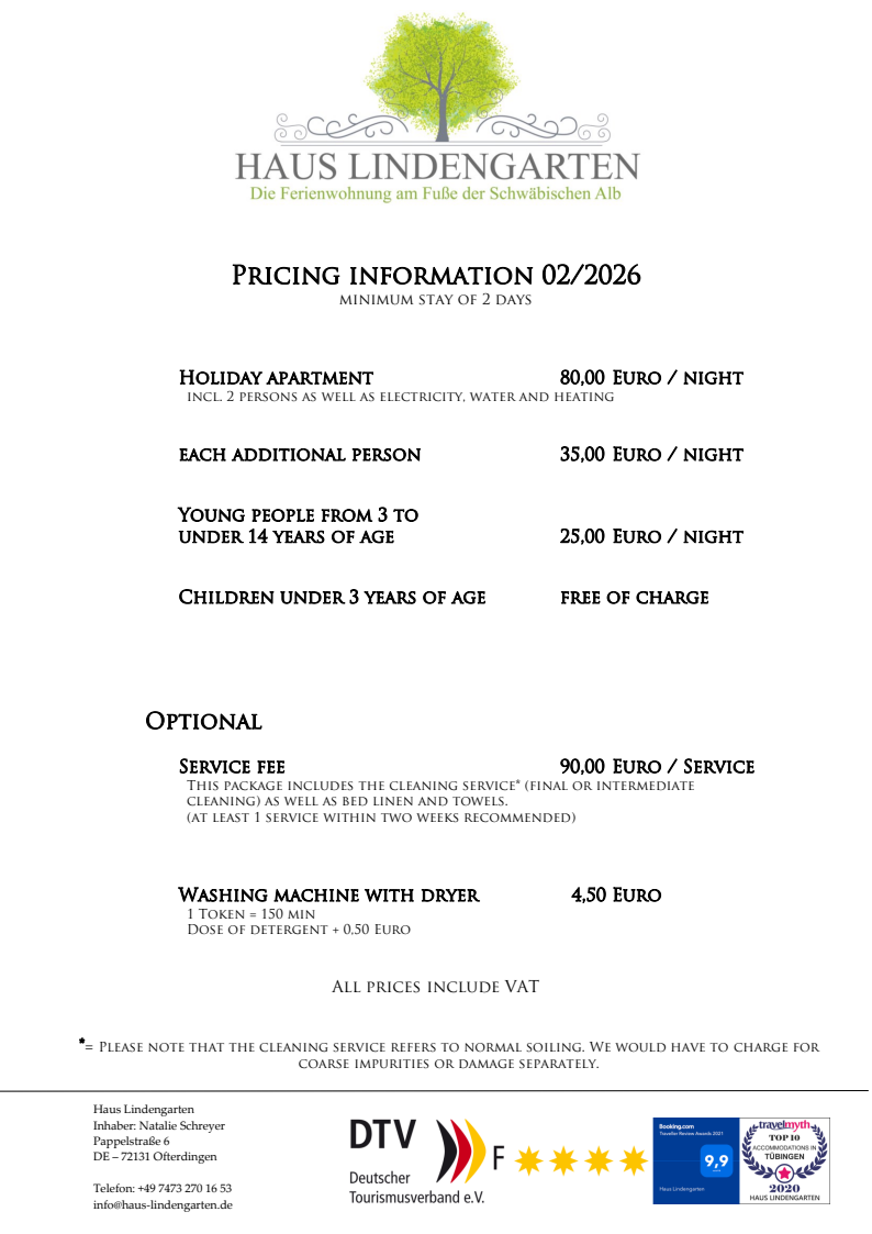 Pricing information Haus Lindengarten
